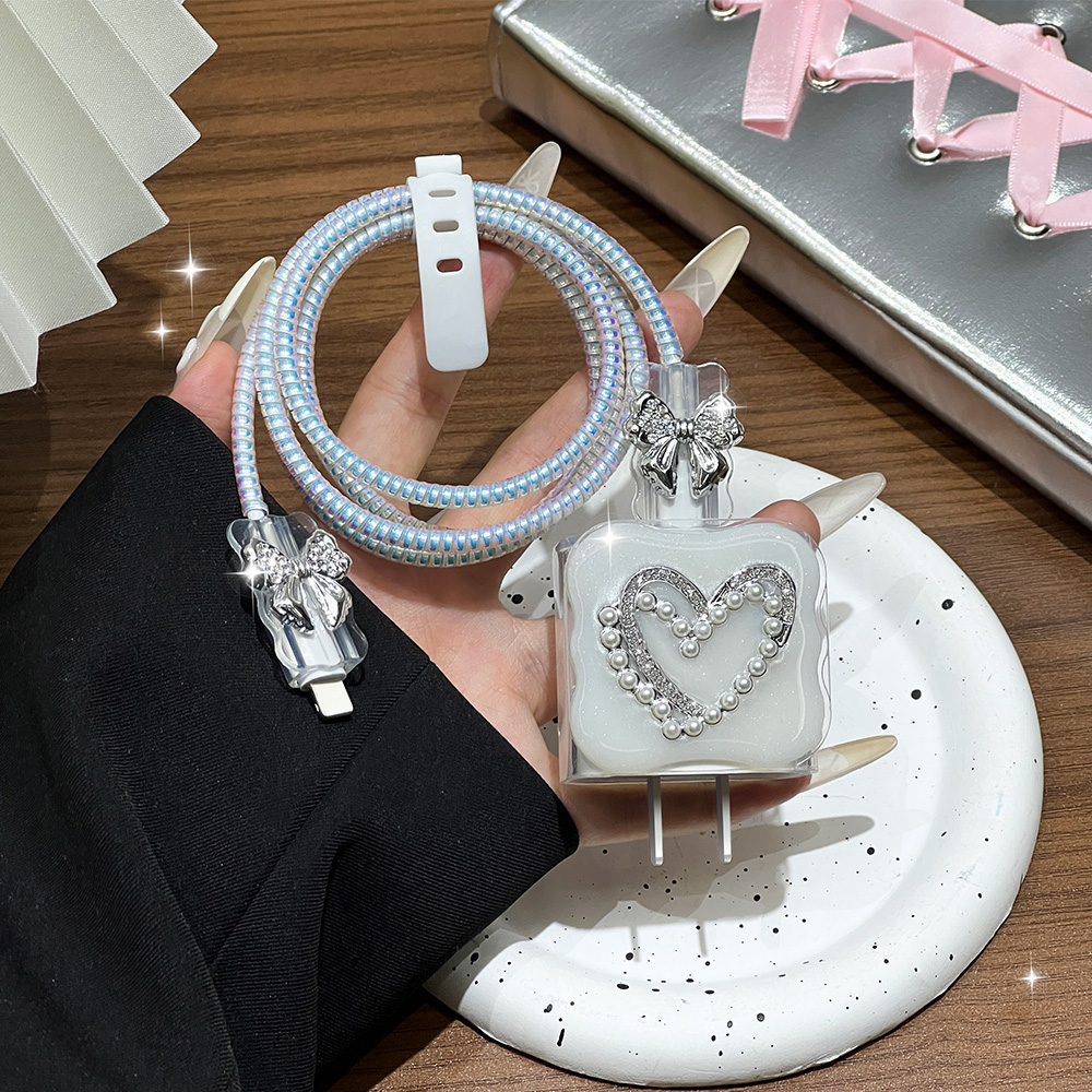 Sleeved Cable Kit - 귀여운 3D 진주 충전기 보호대, 아이폰